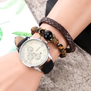 Detail of Geneva quartz watch with leather strap and crown bead bracelet set for men