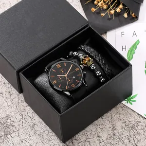 Detailed close-up of Geneva men's watch set with beaded and leather bracelets in a gift box