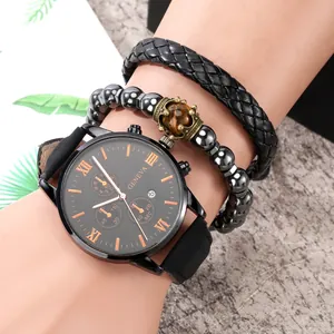 Detail of Geneva men's watch with calendar and two stylish beaded and leather bracelets