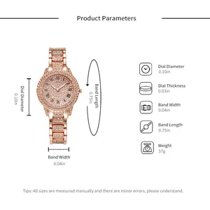 Detaillierte technische Daten für roségoldene Damen-Kristalluhr mit genauen Abmessungen