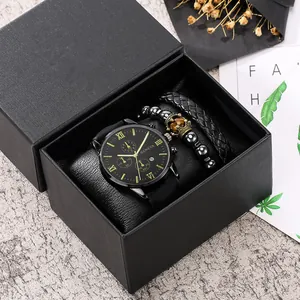 Geneva Men Business Watch Calendar Quartz Pointer Combined With Braided Faux Leather And Beaded Roman Numeral Bracelets Fashion Accessory