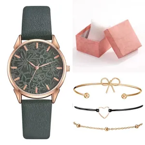 Set orologio floreale da donna oro rosa con cinturino in pelle verde e gioielli coordinati