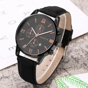 Macro detail of men's black quartz watch with rose gold indices and date window