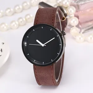 Minimalist men's quartz watch with black dial and brown leather strap on white background