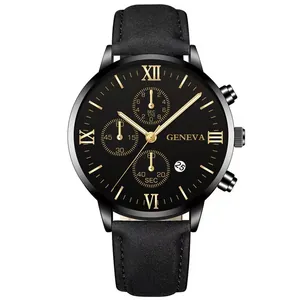 Men's black and gold quartz watch with leather strap and functional date display