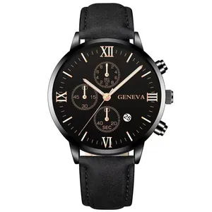 Detail of black business watch dial with rose gold Roman numerals and calendar display