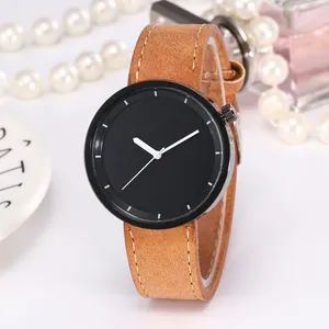 Minimalist men's quartz watch with brown suede leather strap and matte black dial