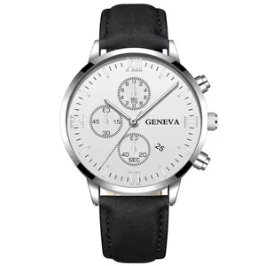 Detail of Geneva men's watch with white dial, date window, and black leather strap