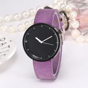 Minimalist women's quartz watch with purple faux suede strap and black dial setup