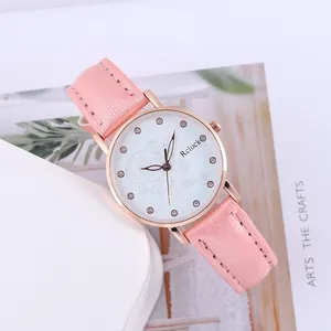 Damen-Quarzuhr mit rosa Lederarmband, Roségoldgehäuse und floralem Zifferblattmuster