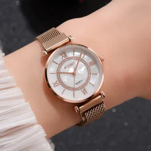 Women Luxury Fashion Quartz Watch Rhinestone Roman Numerals Milanese Mesh Metal Strap Elegant Ladies Analog Wristwatch Gift