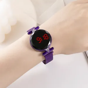 Women Fashion LED Electronic Watch Faceted Glass Dial Rhinestone Alloy Milanese Magnetic Strap Digital Wristwatch Gift