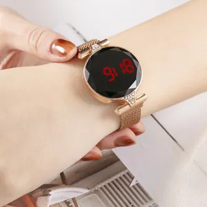 Elegant rose gold LED digital watch with rhinestone bezel and magnetic Milanese strap