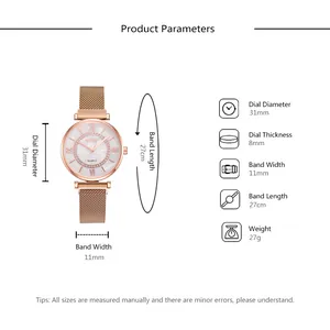 Rose gold quartz watch with rhinestones and magnetic mesh strap, detailed dimensions view