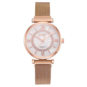 Women's rose gold quartz watch with mesh magnet strap and rhinestone marble dial