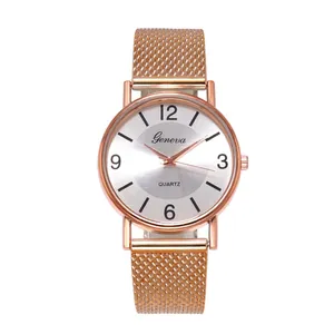 Minimalist rose gold quartz watch with Milanese mesh strap and Geneva dial display