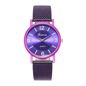 Detailed view of the purple Geneva quartz watch dial with radiant sunray texture