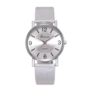 Close-up of Geneva silver mesh watch featuring a polished quartz dial and Arabic numerals