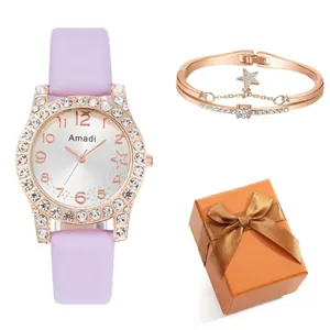 Coffret montre femme Amadi en cuir violet et bracelet étoile doré rose avec boîte cadeau