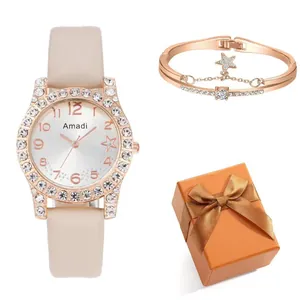 Coffret montre femme à motif étoile avec bracelet en cristal et boîte cadeau
