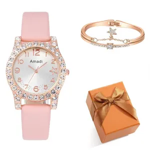 Montre en cuir rose à lunette de cristal avec bracelet étoile en coffret cadeau