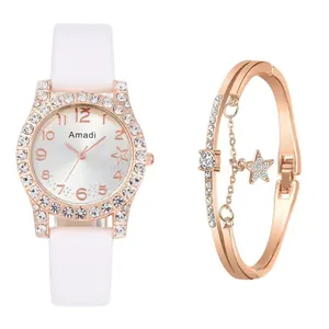 Coffret montre quartz Amadi avec bracelet en cuir blanc et gourmette étoile scintillante