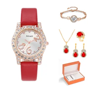 Set orologio donna con cinturino in pelle rossa e accessori con cristalli lucidi