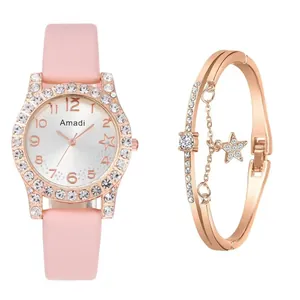 Coffret montre en cuir rose et bracelet étoile en or rose avec strass brillants
