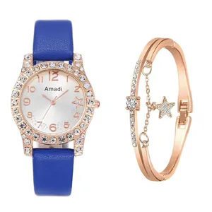 Montre à quartz en cuir bleu avec lunette en strass et ensemble bracelet étoile or rose