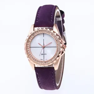 Elegant rose gold quartz watch for women with purple frosted leather strap and crystal bezel
