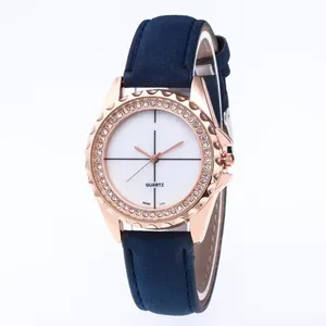 Women's quartz watch with rose gold diamond bezel and dark blue matte leather strap