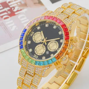 Luxus Damen Strass Armbanduhr Regenbogen Lünette Legierung Quarz Drei Augen Uhr Gold Silber Roségold Mode Schmuck