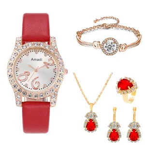 Set gioielli 5 pezzi con orologio in pelle rossa e collane e anelli in oro rosa