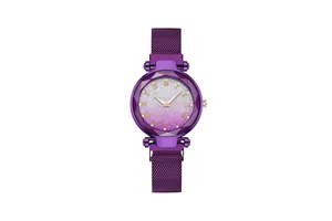 Detail of purple gradient dial with Roman numerals and diamond-cut glass on quartz watch