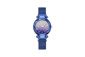 Detail of blue magnetic mesh strap and gradient starry sky dial on women's watch