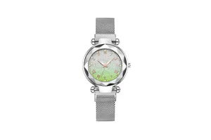 Detail of silver mesh band watch with gradient green dial and Roman numerals