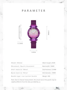 Detailed specs of purple gradient quartz watch with magnetic strap and Roman numerals