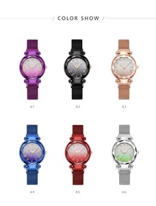 Close-up of women's quartz watches with Roman numerals and Milanese magnetic bands in six colors