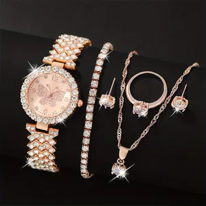 Set orologio 5 pezzi oro rosa con quadrante a farfalla e gioielli coordinati di lusso
