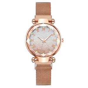 Women Fashion Quartz Watch Starry Sky Gradient Dial Milanese Magnetic Strap Roman Numerals Diamond Cut Glass Analog Wristwatch