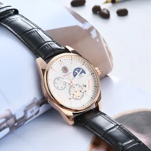 Close-up of RONATA watch face featuring moon phase display and luxury leather strap