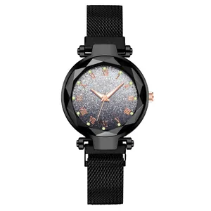 Elegant ladies luminous watch with gradient starlight dial and black magnetic mesh strap