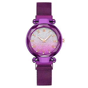 Purple starry sky women's quartz watch with luminous Roman numerals and magnetic strap