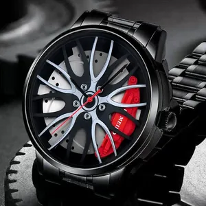 Black stainless steel car wheel rim watch with red brake caliper and multi-spoke hub design