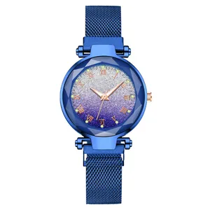 Blue gradient star pattern dial watch with Milanese magnetic strap and Roman numerals