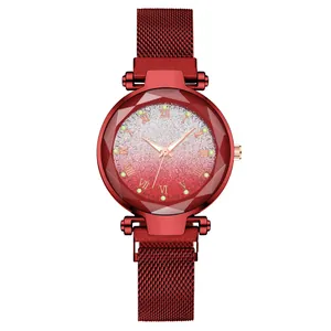 Women's quartz watch with burgundy gradient dial and magnetic Milanese mesh band