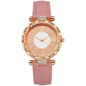 Damen Mode Quarzuhr Strass Wellenkante Sternenhimmel Römische Ziffern Zifferblatt Lederarmband Lässig Armbanduhr Geschenk