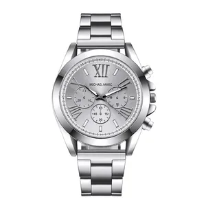 Men's silver stainless steel chronograph watch with Roman numerals and three-dial face