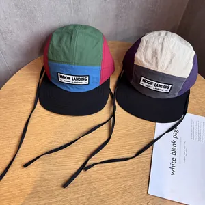 Casquette de Campeur à 5 Panneaux à Séchage Rapide pour Femmes Bloc de Couleurs Casquette de Baseball à Bord Plat Avec Cordon de Serrage Long Patch Moon Landing Chapeau de Soleil Réglable