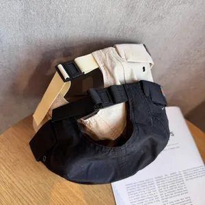 Detail of ripstop nylon brimless caps featuring adjustable buckle and strap closure